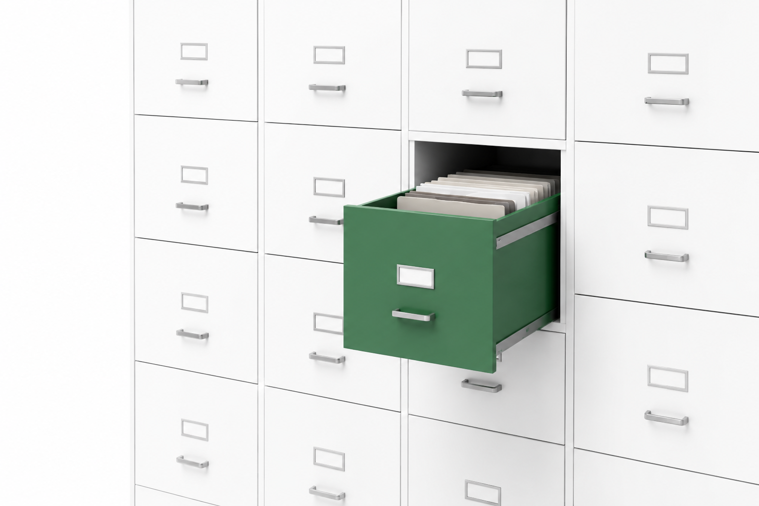 Archivador corporativo con un único cajón verde abierto que representa conocimiento oculto